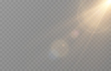 Vector realistic light PNG. Sun with rays and glare PNG. Sunlight or dawn on transparent background. Golden light.