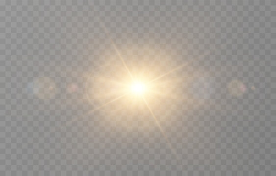 Vector realistic light PNG. Sun with rays and glare PNG. Sunlight or dawn on transparent background. Golden light.