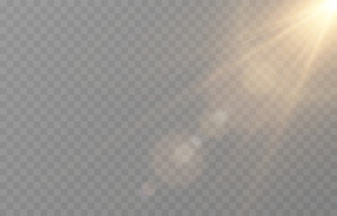 Vector realistic light PNG. Sun with rays and glare PNG. Sunlight or dawn on transparent background. Golden light.