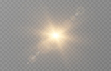 Vector realistic light PNG. Sun with rays and glare PNG. Sunlight or dawn on transparent background. Golden light.