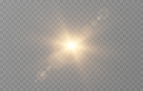Vector realistic light PNG. Sun with rays and glare PNG. Sunlight or dawn on transparent background. Golden light.