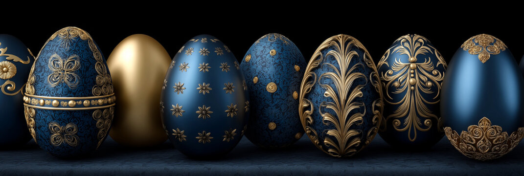decorative dark blue and gold Easter eggs with gold luxurious decor, standing in a row on a dark background. elegant easter card, banner