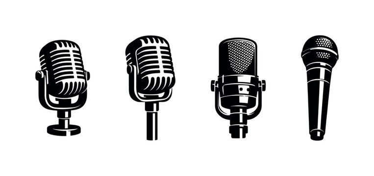 Retro microphones vector icons set, vintage mic collection, audio equipment symbols