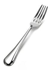 Classic polished silver fork viewed from top angle on white