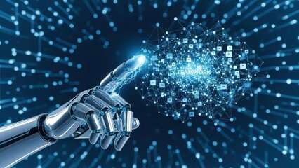 Robot hand is pointing to a screen with the word "transhuman" on it