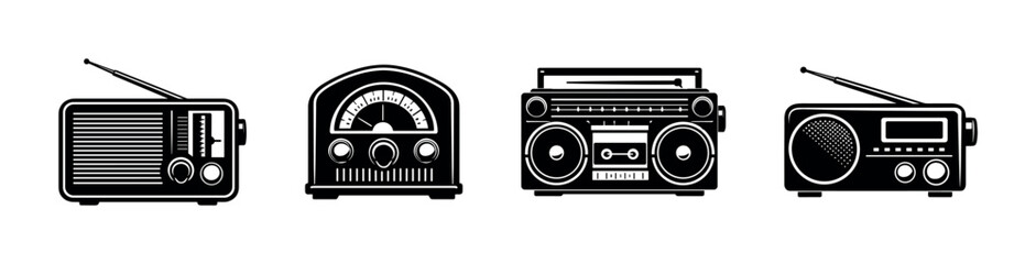 Vintage radio vector icons set: retro, old-fashioned, antique symbols collection