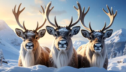 Three majestic reindeer with impressive antlers stand in a snowy landscape, mountains and a sunrise in the background