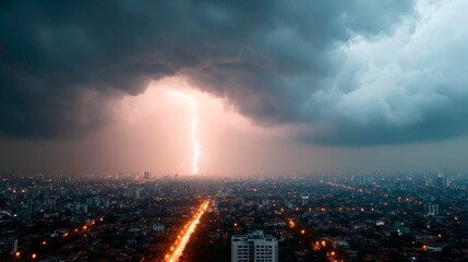 Dramatic Aerial View of Cityscape During Lightning Storm