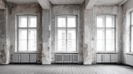 Naklejka premium Empty Room with Grungy Walls and Windows, Perfect for Renovation or Design Mockups