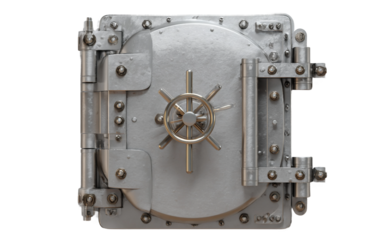 Secure metal safe door with precision detailing ideal for banking protection and asset safety presentations isolated on transparent background PNG