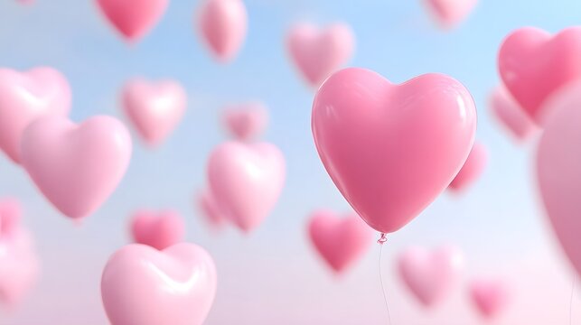 A cluster of soft pink heart balloons ascends into a vibrant sky of blue and pastel pink perfect for romantic themes celeb ns and conveying affection