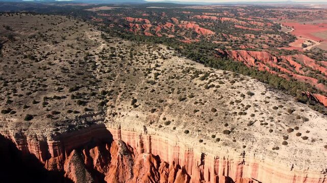 Aerial view of erosion formations in Rambla Barrachina, Red Canyon of Teruel, Spain