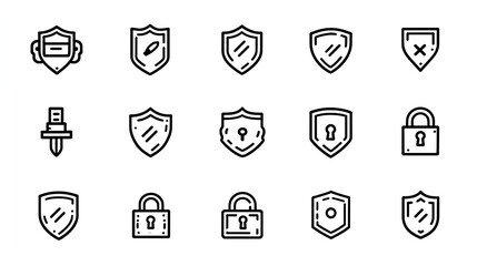 Protection web icon set in line style defense safety security alarm encryption cybersecurity shield lock editable stroke stock vector