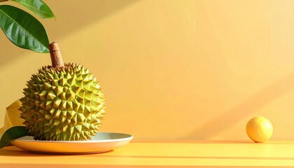 A Whole Durian Fruit Rests on a White Plate Against a Warm Yellow Background Illuminated by Soft Sunlight