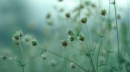 Delicate wild grass swaying in a soft with dreamy green field under a misty sky.