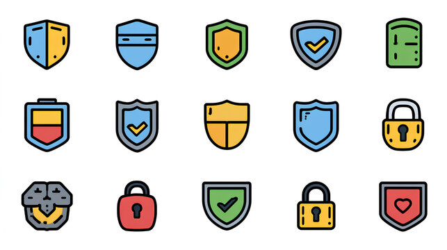 Protection web icon set in line style defense safety security alarm encryption cybersecurity shield lock editable stroke stock vector