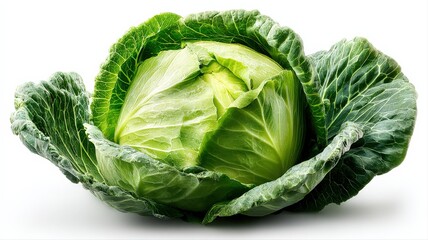 Obraz premium Fresh Green Cabbage Head with Crisp Leaves, Isolated on White, Ideal for Culinary and Nutritional Content