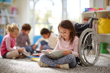 Young girl in wheelchair reading a book on a soft carpet, surrounded by children engaged in activities, showcasing an inclusive learning environment with bright natural light