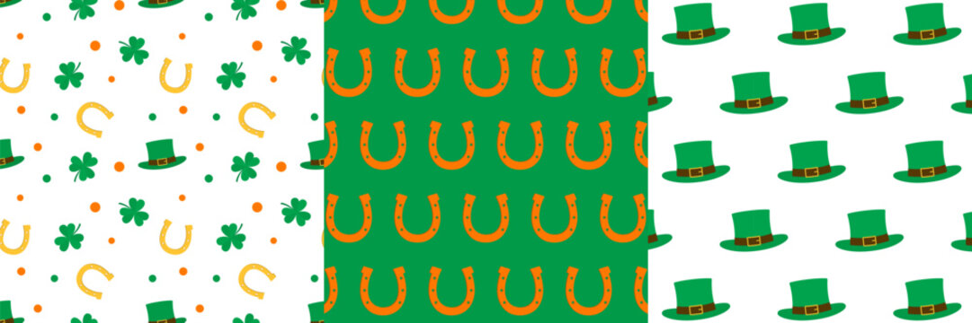 Set of St Patrick day seamless pattern in green and orange.Vector graphic illustration background wallpaper, repeat pattern with with Leprechaun hat, horseshoes and shamrock three leaf clovers.