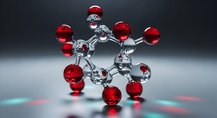 Abstract molecular structure with red and silver spheres, representing scientific research and technological advancement.