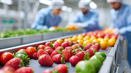 Close up of a conveyor belt carrying vibrant strawberries tomatoes and green produce in a sterile food factory setting with blurred workers overseeing the production line