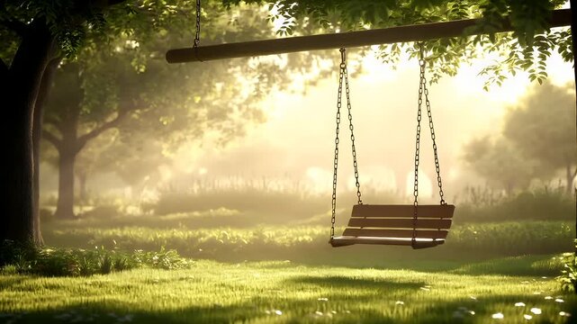 A tranquil park scene with a solitary swing set against a backdrop of misty trees and a soft, golden light. The foreground features a lush green lawn with a few scattered flowers.