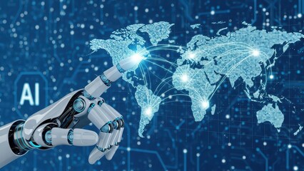 Robot is touching a map of the world with the letters AI