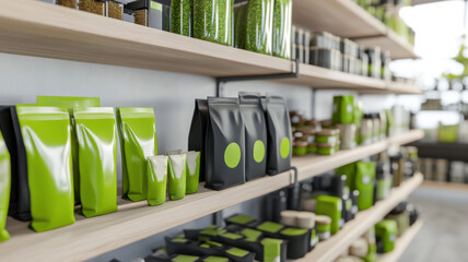 Two product shelves side by side, one with green packaging and fake eco labels, the other certified with minimal packaging