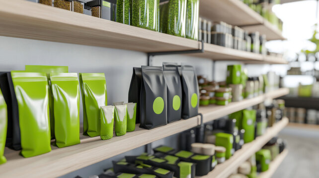 Two product shelves side by side, one with green packaging and fake eco labels, the other certified with minimal packaging
