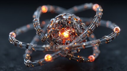 A detailed 3D rendering of an atom model with glowing orbs and intricate wireframe structure