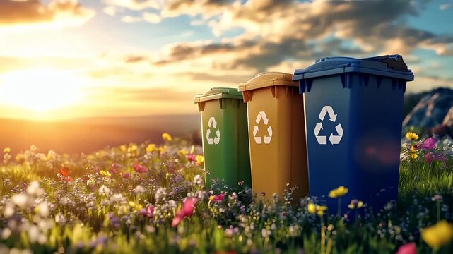 Spring cleanup. Recycling. Seasonal theme. A vivid, sunlit scene featuring a field of flowers with a blue trash bin in the foreground. The sky is a gradient of orange and blue.