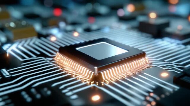 Close-up View of a Circuit Board Featuring a High-Performance Microchip Surrounded by Intricate Electrical Connections, Highlighting the Advanced Technology of Modern Electronics and Computing Systems