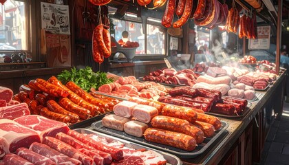 Abundant Butcher Stall Displaying Various Meats Sausages And Cured Meats Under Warm Sunlight