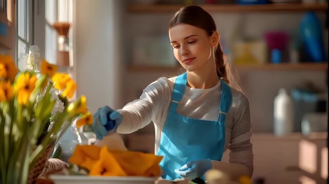 Spring cleanup. Recycling. Seasonal theme. woman in blue apron and rubber gloves cleaning in kitchen with yellow cloth and spray bottle.