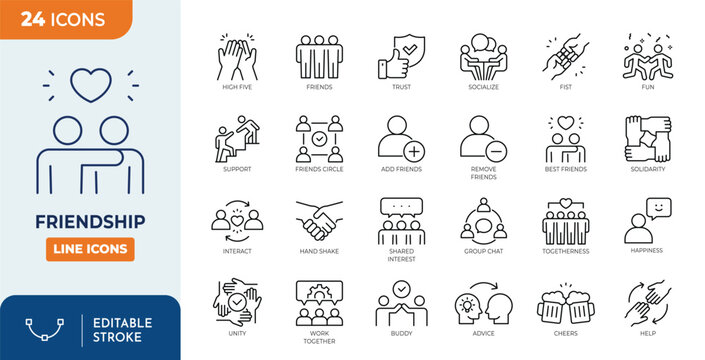 Friendshhip icon set. Contain icons related to friends, relationship, socialize, cheers, support, trust, and more. Editable stroke. Vector illustration