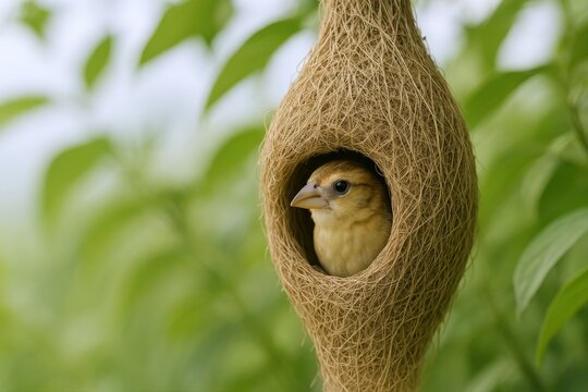 Weaver Bird Inside Hanging Nest Construction Against Blurred Green Foliage, Natural Habitat Wildlife Photography