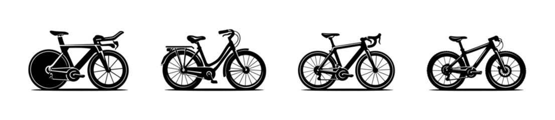 Fototapeta premium Bicycle vector icons set: road bike, mountain bike, electric bike silhouettes