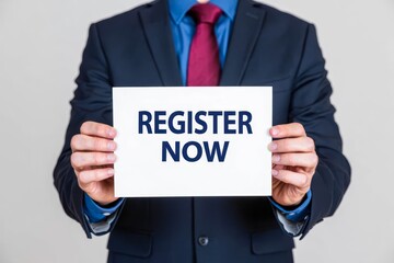 Man showing paper with REGISTER NOW text.