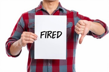 Man in a plaid shirt holds a piece of paper with the inscription fired.
