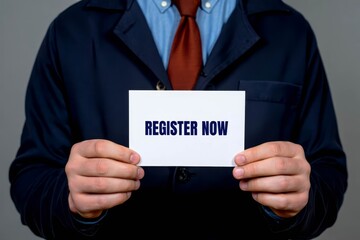 Man showing paper with REGISTER NOW text.