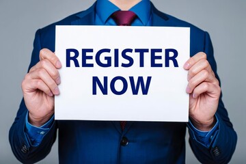 Man showing paper with REGISTER NOW text.