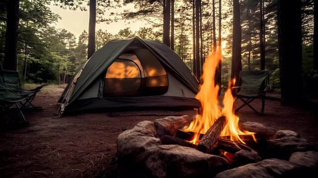 A camping scene with a tent and a campfire set against a backdrop of a forest during sunset. The tent is positioned in the foreground.