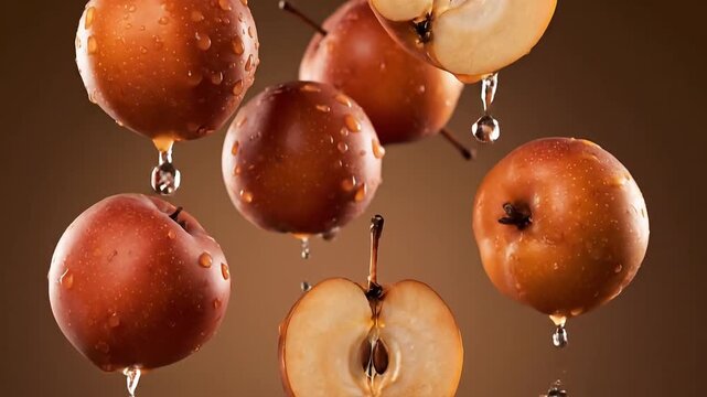Crisp, juicy nashi pears in a dynamic splash of fresh water, showcasing their natural beauty and healthy appeal with captivating clarity