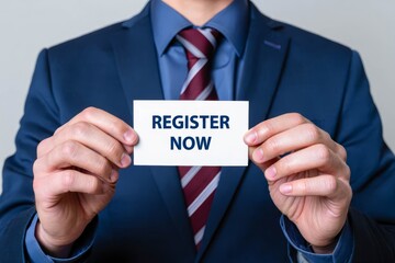 Man showing paper with REGISTER NOW text.