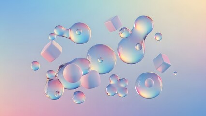 Abstract 3D rendering of iridescent liquid drops and geometric shapes floating in a soft pastel gradient background, creating a modern and ethereal composition.