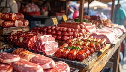 Abundant Display Of Various Cured Meats And Sausages At An Outdoor Market Stall Under Bright Sunlight