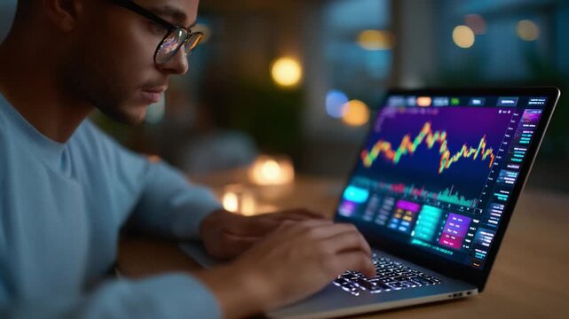 Focused user analyzing stock market trends on a laptop screen, observing colorful graphs and data metrics while strategically navigating financial analytics in a dimly lit workspace environment.