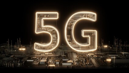 Illuminated "5G" text, filled with circuits, over a detailed motherboard-like background