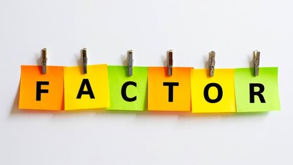 The phrase FACTOR is written on multi-colored stickers, on white background. Business concept, strategy, planning.