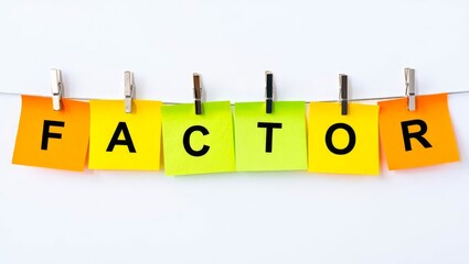 The phrase FACTOR is written on multi-colored stickers, on white background. Business concept, strategy, planning.
